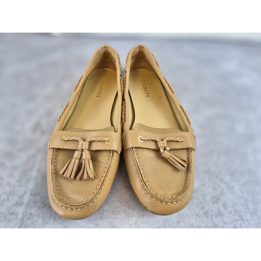 Talbots Womens Tan Pebbled Leather Tassel Driving Loafers Moc Toe Flats Size 9M